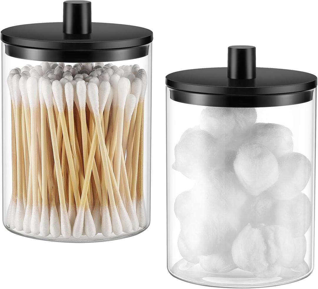 TIPGO Glass Qtip Holder Dispenser - 10 oz Clear Canister Apothecary Jar, Bathroom Vanity Storage Organizer Set for Cotton Swabs, Pads, Floss Picks, Small Containers for Makeup Storage (2 Pack, Black)