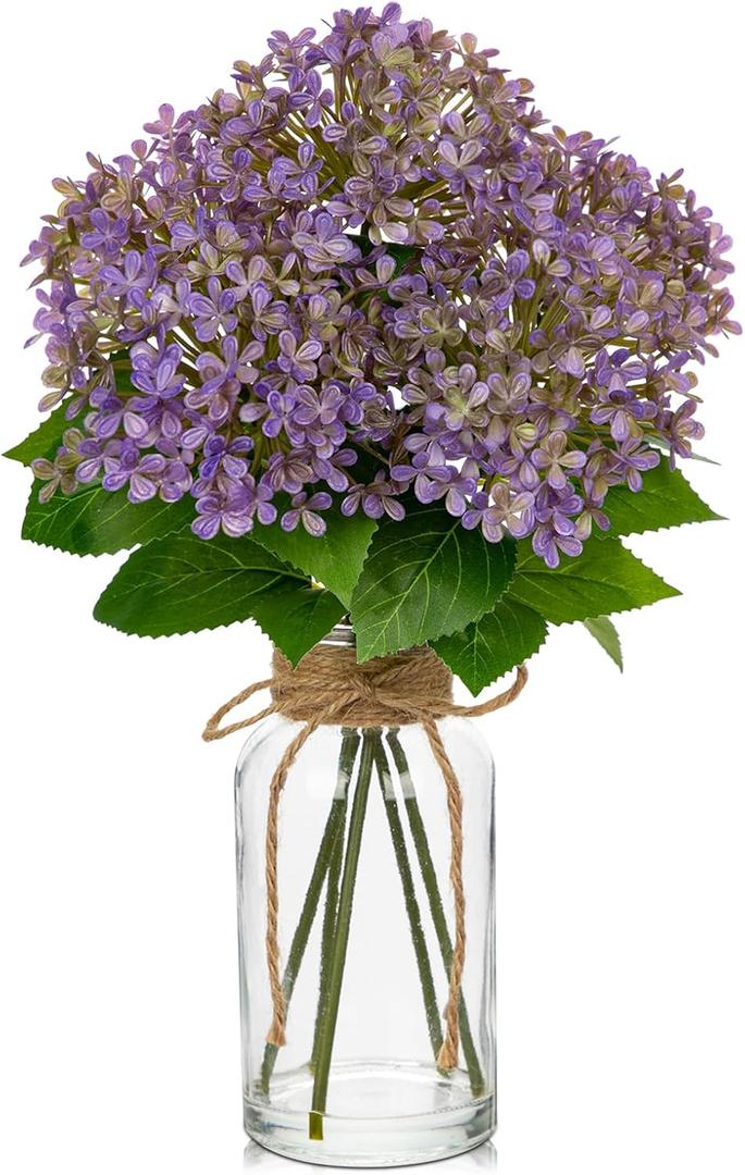 Artificial Hydrangea Flowers in Glass Vase with Faux Water, 13.8" Fake Purple Hydrangeas Arrangement Centerpiece for Home Caf Kitchen Bathroom Decoration