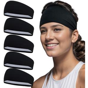 Women Workout Black Headband with Silicone Grip(5Pack) Non Slip Sweatband Sport Hair Band for Running Exercise Gym Yoga