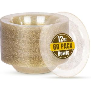 bUCLA 60 Pack Disposable Plastic Bowls 12oz - Clear Gold Glitter Plastic Salad/Dessert/Soup Bowls - Perfect for Party, Wedding & Thanksgiving
