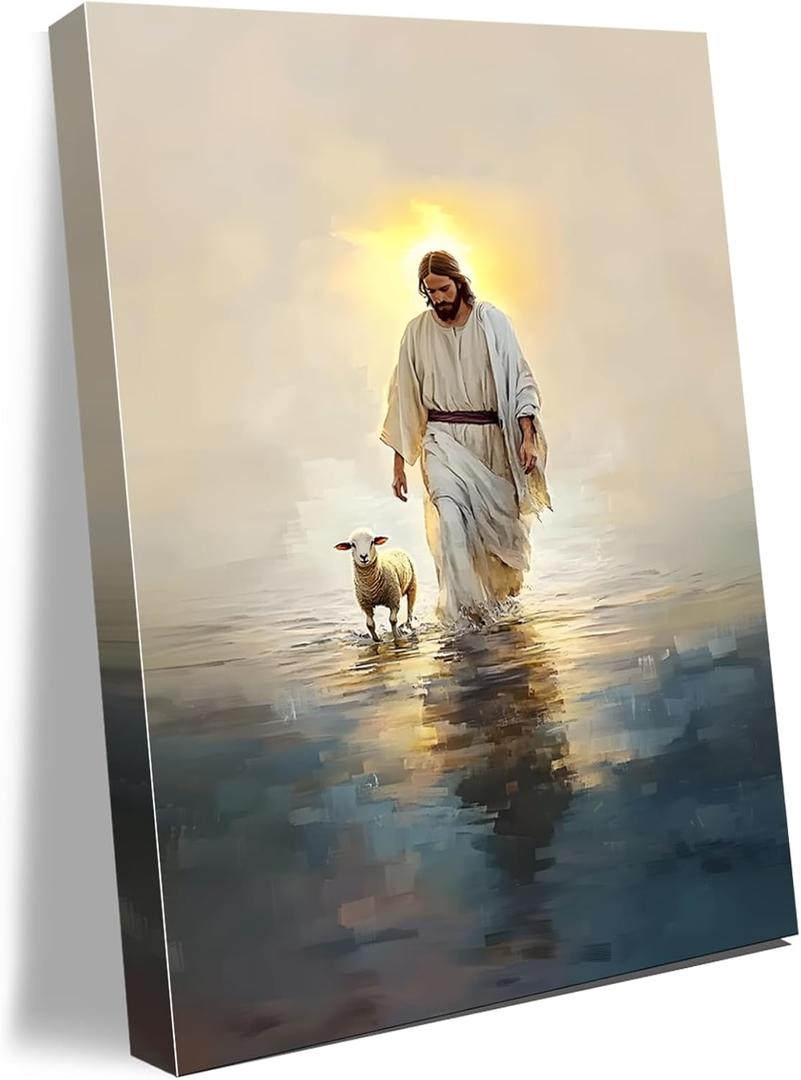 Jesus Walking on Water Canvas Wall Art with Lamb Jesus Picture for Wall Christian Painting Poster for Living Room Bedroom Dining Room Church Decor 16 * 24 IN(Stretched Canvas on A Wooden Frame)