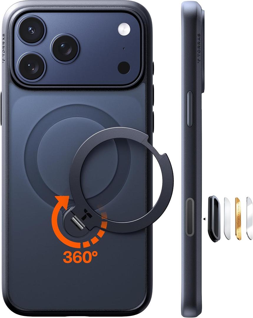 TORRAS 360 Magnetic Stand for iPhone 17 Pro Max Case with Camera Control Button, Fit for MagSafe, Mil-STD Protective Kickstand Case for iPhone 17 Pro Max Phone Case with Stand, Black, Q3 Spin TORRAS 360 Magnetic Stand for iPhone 17 Pro Max Case with Camera Control Button, Fit for MagSafe, Mil-STD Protective Kickstand Case for iPhone 17 Pro Max Phone Case with Stand, Black, Q3 Spin