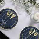 150Pcs Plastic Plates with Gold Rim,Heavy Duty Blue Plates for 30 Guests,Plastic Dinnerware Set Include 30 Dinner Plate,30 Dessert Plate,90 Gold Cutlery Set for Party (Blue)