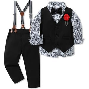 WESIDOM Toddler Dresses Suit Baby Boy Clothes Set Bowtie Shirts+Pants+Vest+Boutonniere Kids Gentleman Wedding Outfit(Black+4-5T)