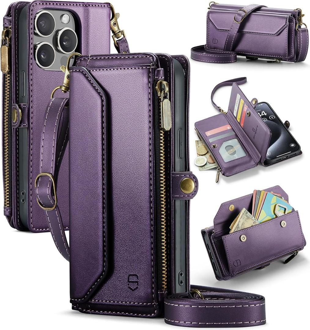 Wallet Case Compatible with iPhone 15 Pro RFID Blocking 7-Card Holder Soft PU Leather Magnetic Snap Shoulder Strap Zipper Pocket Phone Case Fit for iPhone 15 Pro Women 6.1" - Purple