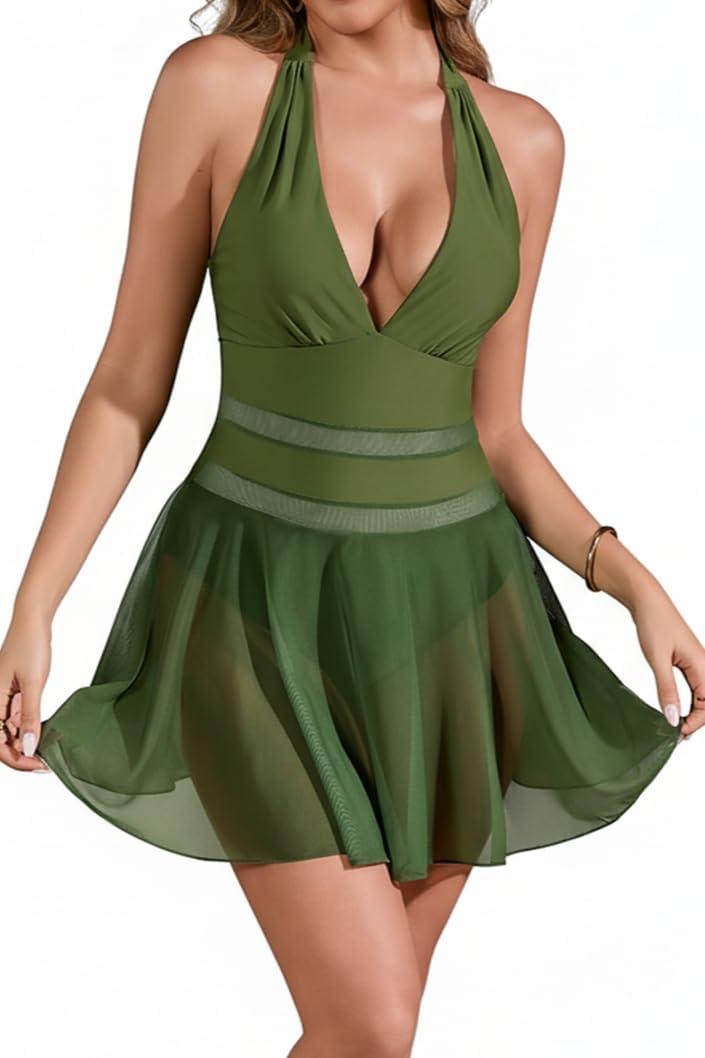 Womens One Piece Swim Dress Swimsuit Tummy Control Bathing Suit Halter Mesh Sheer Swimwear (Green, S)