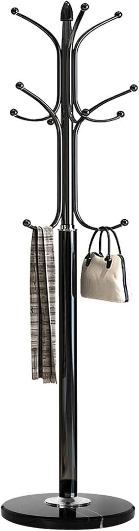 Kertnic Metal Coat Rack Stand with Natural Marble Base, Free Standing Hall Tree with 12 Hooks for Hanging Scarf, Bag, Jacket, Home Entry-way Hat Hanger Organizer (Black)