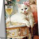 Elegant Vintage Cat Canvas Wall Art Whimsical White Cat Poster Print Funny Retro Bar Cart Picture Eclectic Animal Paintings Wall Decor for Living Room Bedroom Kitchen Office 16x24in Framed