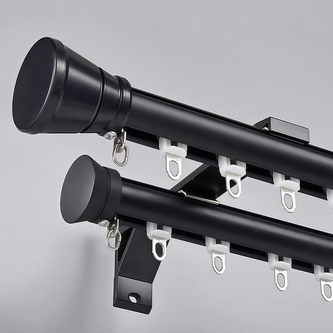 Double Track Curtain Rod, Wall Mount, Black, 7.2ft