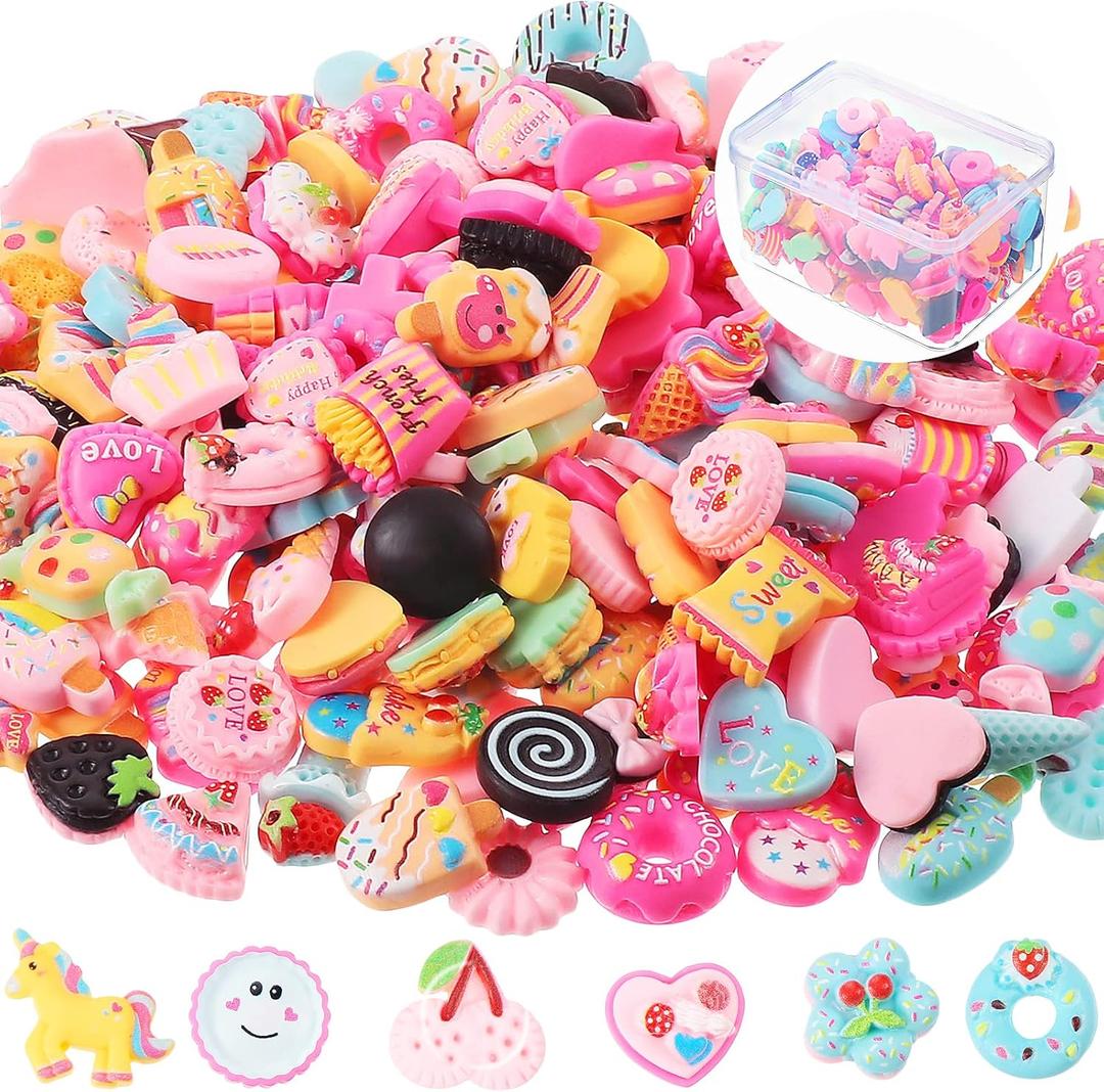 200 Pieces Charms Cute Set Mixed Candy Sweets Resin Flatback Beads with Box for DIY Craft Making and Ornament Scrapbooking