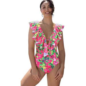 SPORLIKE Women One Piece Swimsuit V-Neck Ruffle Bathing Suit Padded Monokini, XL