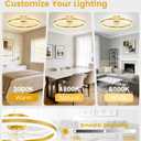 VOLISUN Low Profile Ceiling Fans with Lights and Remote, 20in Flush Mount Ceiling Fans with Light, 3000K-6500K Dimmable Fandelier LED Fan Light, Gold Bladeless Ceiling Fans with Lights for Bedroom
