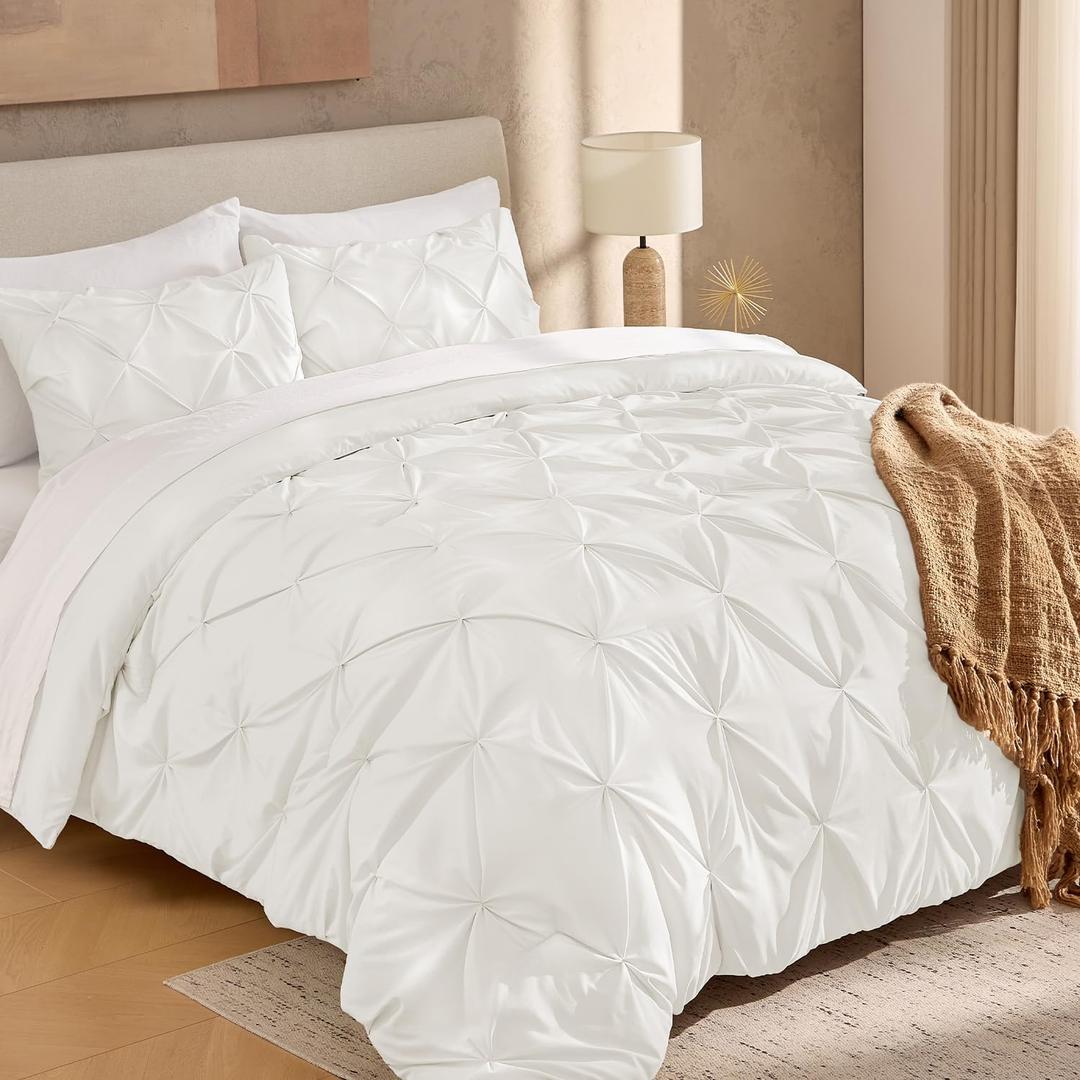 Andency Ivory Pinch Pleat Comforter Full(79x90Inch), 3 Pieces(1 Down Alternative Comforter and 2 Pillowcases) Ivory Bed Set Microfiber Pintuck Bedding Set