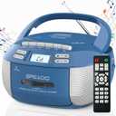 Greadio Boombox CD Player Cassette Player Combo, Boom Box Portable CD Players for Home with Bluetooth, Support AM FM Radio/Remote Control/AUX/USB/Earphone, AC/Battery Operated, LCD Display (Blue)