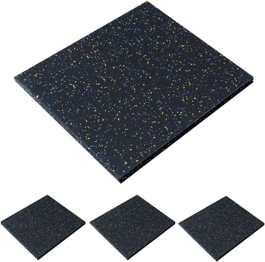 MYOYAY 4 Pack Interlocking Tile 20" x 20x 1Heavy Duty Rubber Flooring Mat Anti-Vibration Anti-Slip Exercise Mats for Gym Equipment and Cushion for Workouts, Cover 11.12 Sq.Ft (Black + Blue Yellow Spot)