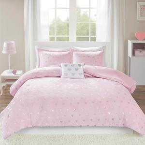 Intelligent Design Queen Comforter Set, 4 Piece Metallic Hearts Cozy Bedroom Set for Girls, Queen Bed Set Soft & Plush Comforter, All Season Fluffy Bedding Set, Rosalie, Full/Queen, Pink Silver