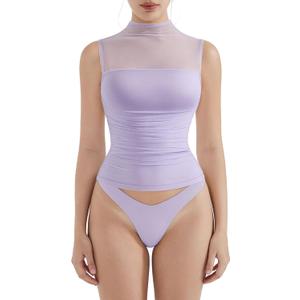 SUUKSESS Women Sexy Mesh Sheer Crop Tank Tops Sleeveless Ruched Going Out Tops (Small, Purple)