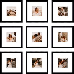 8x8 Picture Frame Set of 9, Display Pictures 4x4 with Mat or 8x8 without Mat, Multi Collage Gallery Square Photo Frames for Wall or Tabletop, Black