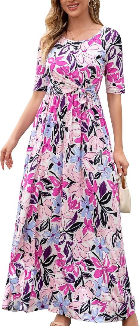 Women's Maternity Nursing Dresses Front Knot Nursing Maxi Dress for Breastfeeding with Pockets (M)