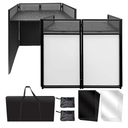Portable DJ Booth Facade Stand | Foldable DJ Table with 38.5"x19" Surface & Cable Hole | Includes Black/White Scrims & Carry Bag for Events, Parties, Mobile DJs (DJ Station, Event Facade)
