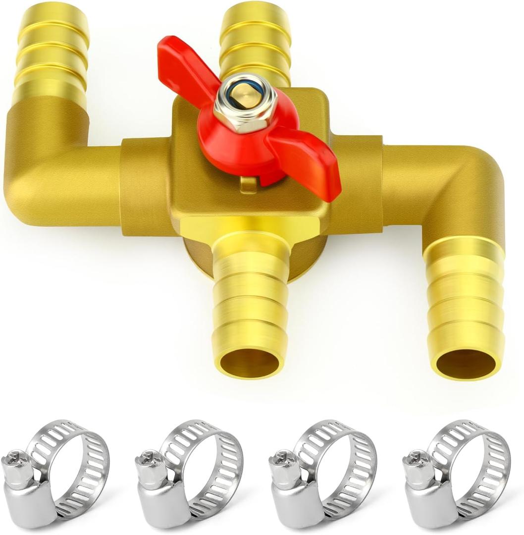 GASHER Brass 5/8 Inch Heater Control Valve, 4-Way Automobile Heating Water Valve, Car Heater Air Conditioning Ball Valve With 4Pcs Hose Clamps