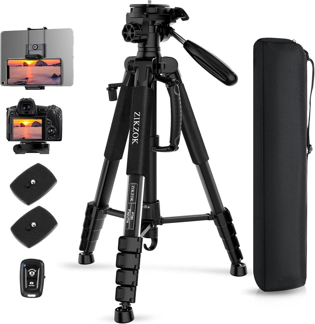 75" Camera Tripod, Aluminum Heavy Duty Camera Stand for ipad Phone, Travel Tripod with/Carry Bag/Phone Tablet Holder, Compatible with Canon Nikon Sony DSLR, Spotting Scopes, Max Load 15 Lb(Black)