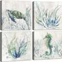 WZSart Marine Animals Plants Canvas Wall Arts Watercolor Sea Turtle Seahorse Seaweed Printed Pictures Artwork Vintage Painting Decoration for Bathroom Living Room Toilet Ready to Hang 16"x16"x4pcs