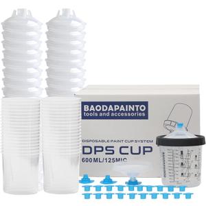 Disposable Paint Spray Gun Cup, Paint Mixing Cups System for HVLP and LVLP Paint Spray Gun, 20 Ounce (600ML) Kit, 50 Cups Liners and Lids System, 1 Hard Cup, 1 Collar with 20 Plugs (22 oz Kit-50 pcs)