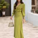 Womens V-Neck Long Sleeve Ruched Bodycon Dress Elegant Formal Cocktail Party Evening Maxi Dresses (Green, S)