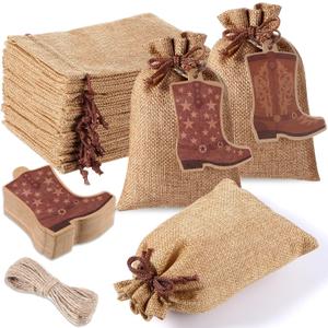 Mooliwe 50 Pcs Burlap Drawstring Bags with Boot Shape Tags, Western Cowgirl Gift Sacks Bulk 4 x 6 Inches Reusable Burlap Candy Pouch for Bachelorette Cowboy Baby Shower Wedding Party Favor(Brown)