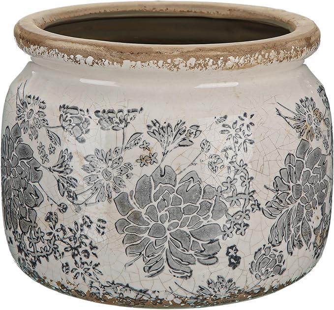 7.7" Large Ceramic Plant Pot Beige Pink Floral Vine Crackle Glaze Rustic Flowers Pot Decorative Planter with Drainage for Indoor Outdoor Plants Home Kitchen Office Decor Gift