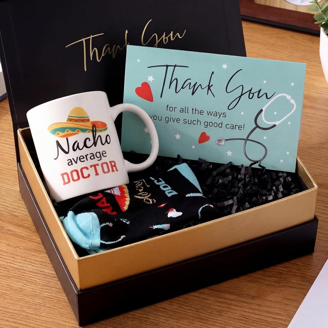 Hushee 3pcs Nacho Average Doctor Gifts, Doctor Nurse Appreciation Week Gift Set for Men Women Include Socks Mug and Thank You Card for Nurses Day, Doctors, Physician Assistants, Medical Professionals