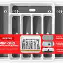 Non-Slip Expandable Silverware Drawer Organizer,7 Compartment Tasteless Large Capacity Thick Plastic Flatware Divider for Silverware, Stationery, Cosmetics  Minimalist Design and Premium Feel