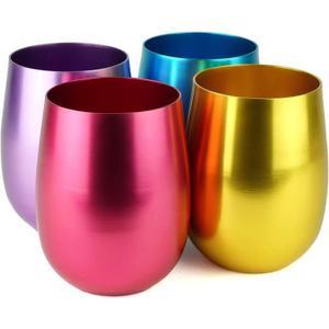 CLW Aluminum Stemless Wine/Old Fashion Glass, Set of 4, 4-Color in a Set (Purple/Blue/Pink/Gold), 12oz (Small) (Small (Pack of 4))