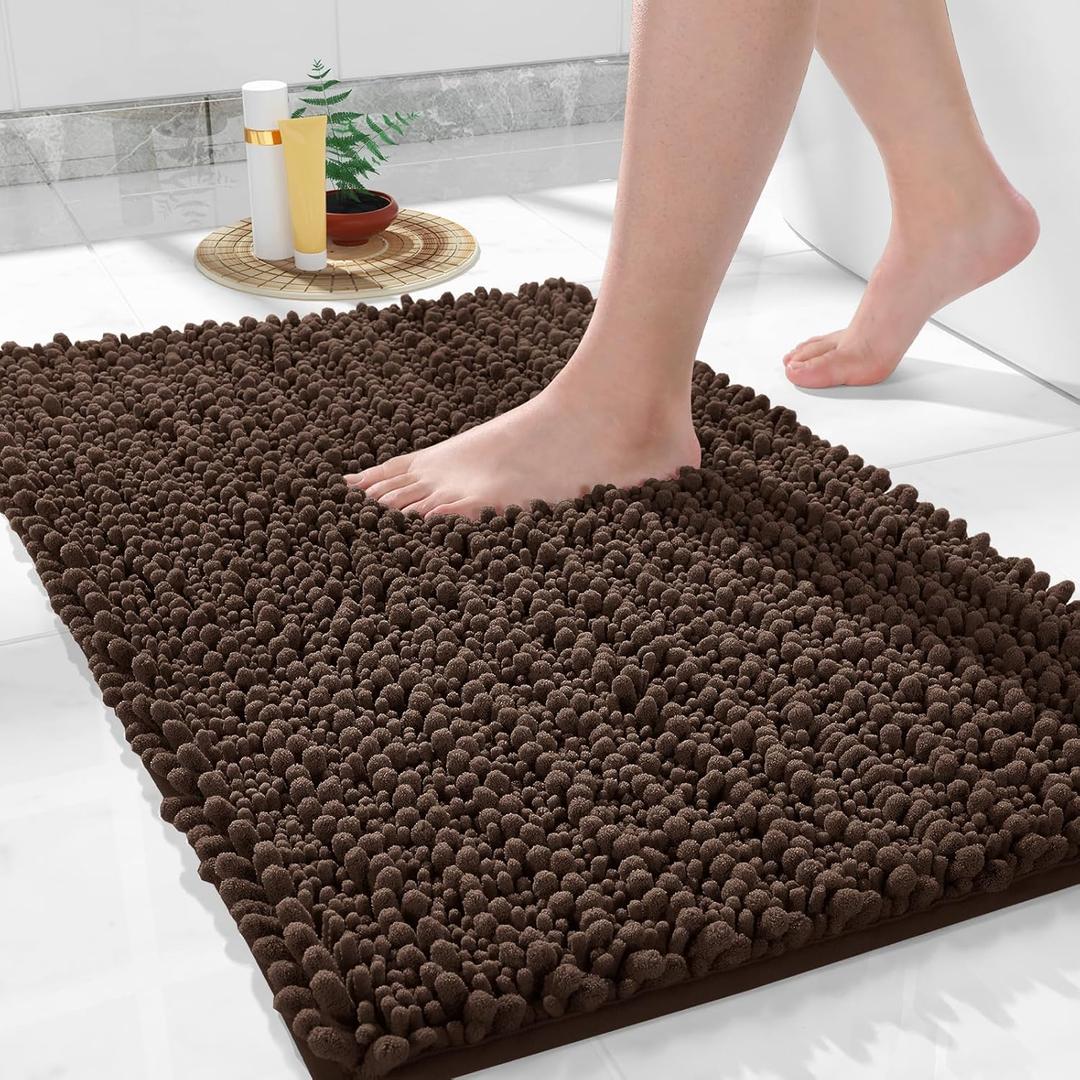 Yimobra Bathroom Rug Mat 24 x 17, Extra Soft Non Slip Absorbent Water Bath Rug, Quick Dry Machine Washable Chenille Shaggy Shower Mat, Bath Mat for Bathroom Floor, Home Decor Accessories, Brown