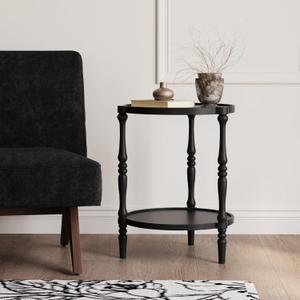 Accent Wood End Table, 2-Tier Round Bedside Table, Natural Side Table Nightstand for Family, Bedroom, Living Room, Handcrafted Finish, Black (16.5 inch)