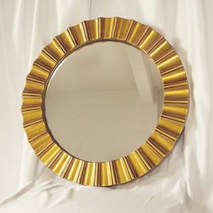 Set of 2 Small Round Wall Mirror with Bronze Leaf Sun Design - Handmade Wood Hanging Mirror Decor