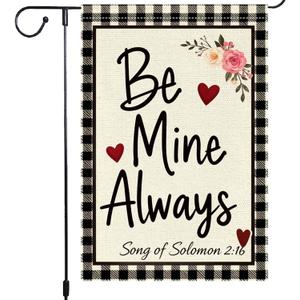 Valentines Day Garden Flag 12x18 Inch Double Sided Burlap Flag Be Mine Always Romantic Floral Heart Buffalo Plaid Outdoor Decor for Yard Patio