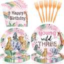 96Pcs Young Wild and Three Party Supplies Safari 3rd Birthday Plates and Napkins Safari Jungle Animal Disposable Paper Tableware Set for Girl 3 Year Old Birthday Party Supplies Serves 24