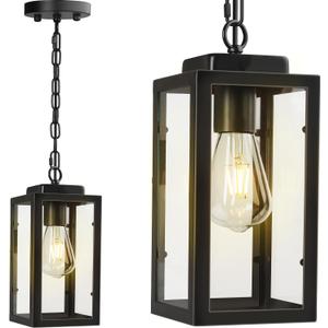 Outdoor Pendant Light, 11" Porch lights Outdoor Chandelier Hanging Ceiling Lights, Black Aluminum Lightshade with Tempered Glass, Exterior Lighting Fixture for Porch Yard Gazebo, 1 Pack, No Sensor
