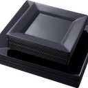 N9R 60PCS Black Plastic Plates Square, 30 Dinner & 30 Dessert Plates Heavy Duty, Fancy Disposable Plates for Party, Wedding and other Events