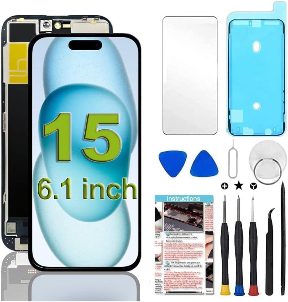for iPhone 15 Screen Replacement 6.1 inch Full HD, 3D Touch LCD Display Digitizer Assembly with Repair Tools - Model A2846, A3089, A3092, A3090