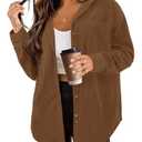 SEMARO Womens Casual Long Sleeve Button Down Shirts Corduroy Oversized Boyfriend Blouse V Neck Loose Jacket Tops Brown, L