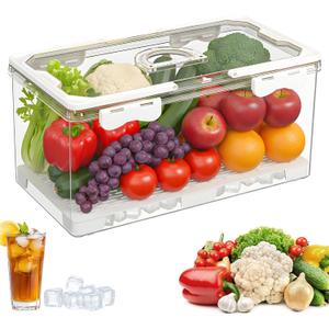 Fridge Organizer with Handle, Clear Refrigerator Organizers and Storage with Lid & Drain Trays, Large Capacity Fruit and Vegetable Storage BPA-Free for Fruits, Vegetables, Drinks