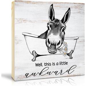 2 x TOUNER Well This Is A Little Awkward Wood Box Sign, Funny Donkey Daisies Bathtub Retro Wood Desk Decor, Christmas Birthday Thanksgiving Bathroom Table Display Gifts for Women Mom Aunt BFF Sister