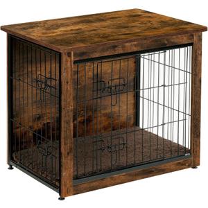DWANTON Dog Crate Furniture with Cushion, Wooden Kennel Table with Double Doors, Indoor Dog House, 27.2" L, Rustic Brown , 27.2"L x 20.1"W x 23.6"H
