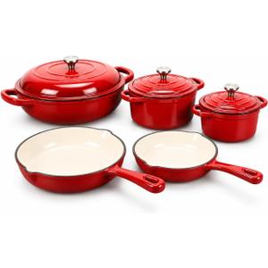 QuliMetal 5-Piece Red Enameled Cast Iron Cookware Set | Includes 8" frying pan, 10" skillet, 2.8QT and 3.5QT Dutch ovens, and 4.7QT casserole., Red 5PC-F