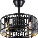 Dannilong Caged Ceiling Fans with Lights and Remote, Industrial Ceiling Fan with Light Bladeless, Small Ceiling Fan for Kitchen Bedroom Outdoor, 18 Inch Black Fandelier, Reversible Quiet Motor