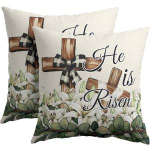 Happy Easter Leaf Throw Pillow Covers 18x18 Set of 2 Hi is Risen Cushion Case Cotton Linen Square Spring Flowers Easter Decoration Throw Pillows Case for Holidays Party Sofa Couch Bed Bench Outdoor