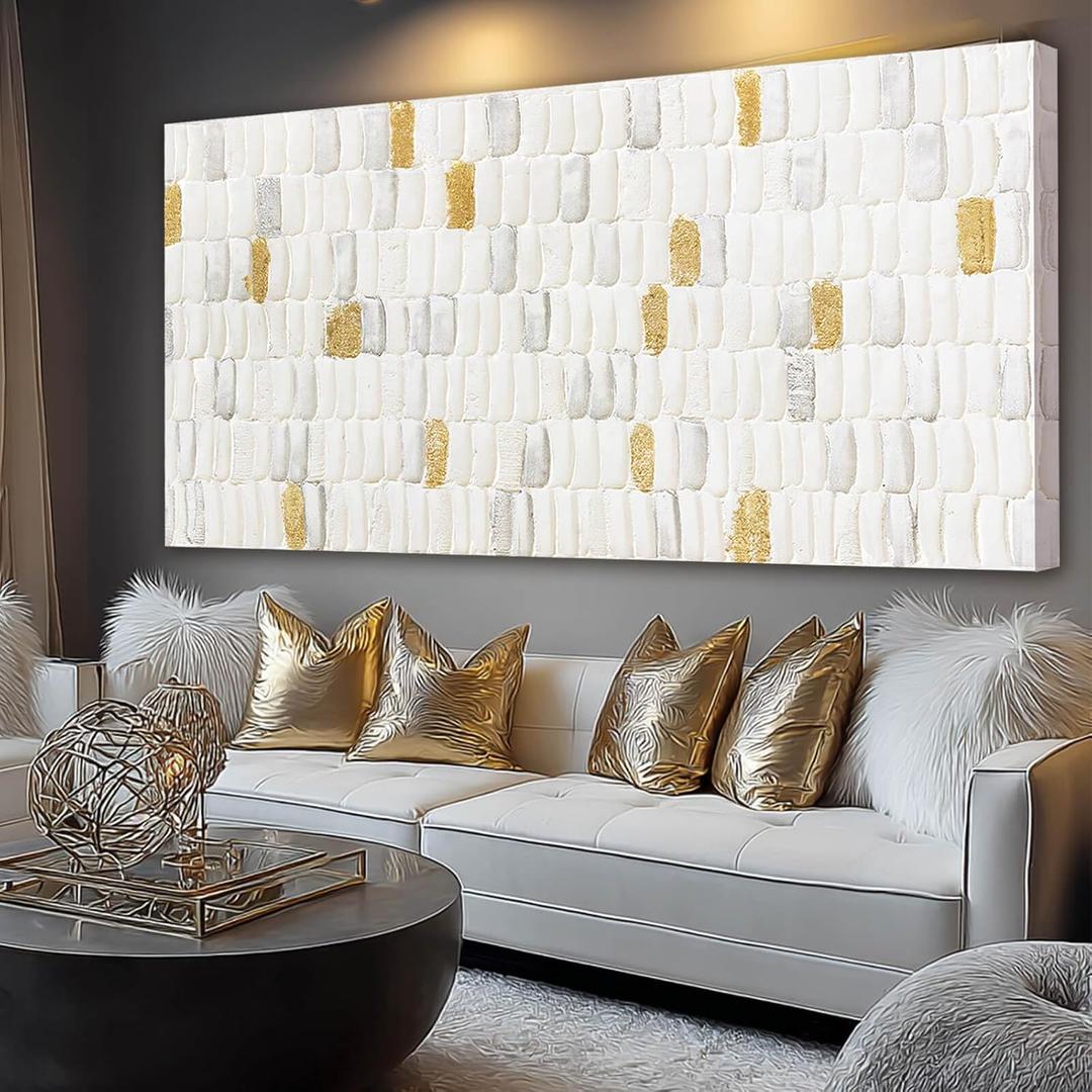 YETHEN WAL White and Gold Textured Abstract Wall Art, Minimalist Neutral Canvas Painting Modern Artwork for Living Room Bedroom Office Decor 24x48 Inch